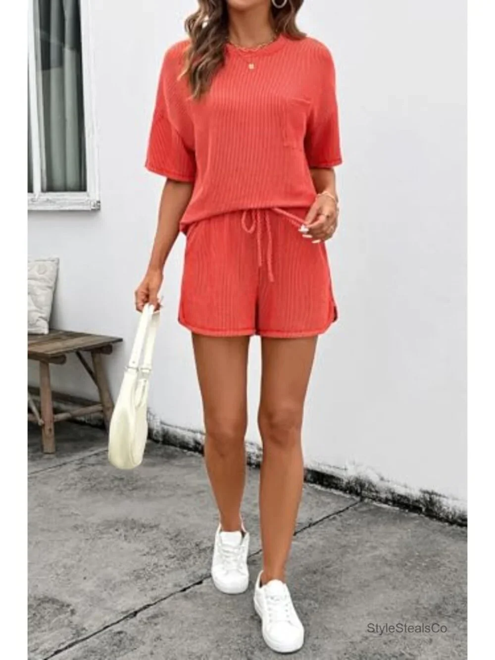 2 Piece Lounge Set Short Sleeve Tee High Waisted Shorts with Pockets Matching
